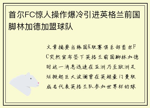 首尔FC惊人操作爆冷引进英格兰前国脚林加德加盟球队